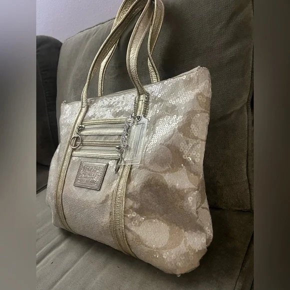 ✨COACH VTG POPPY Special Edition Signature Sequin Tote Bag Gold Cream RARE✨ - Picture 10 of 16
